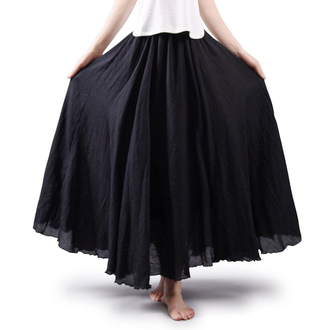 Women Bohemian Style Elastic Waist Band Cotton Linen Long Maxi Skirt Dress