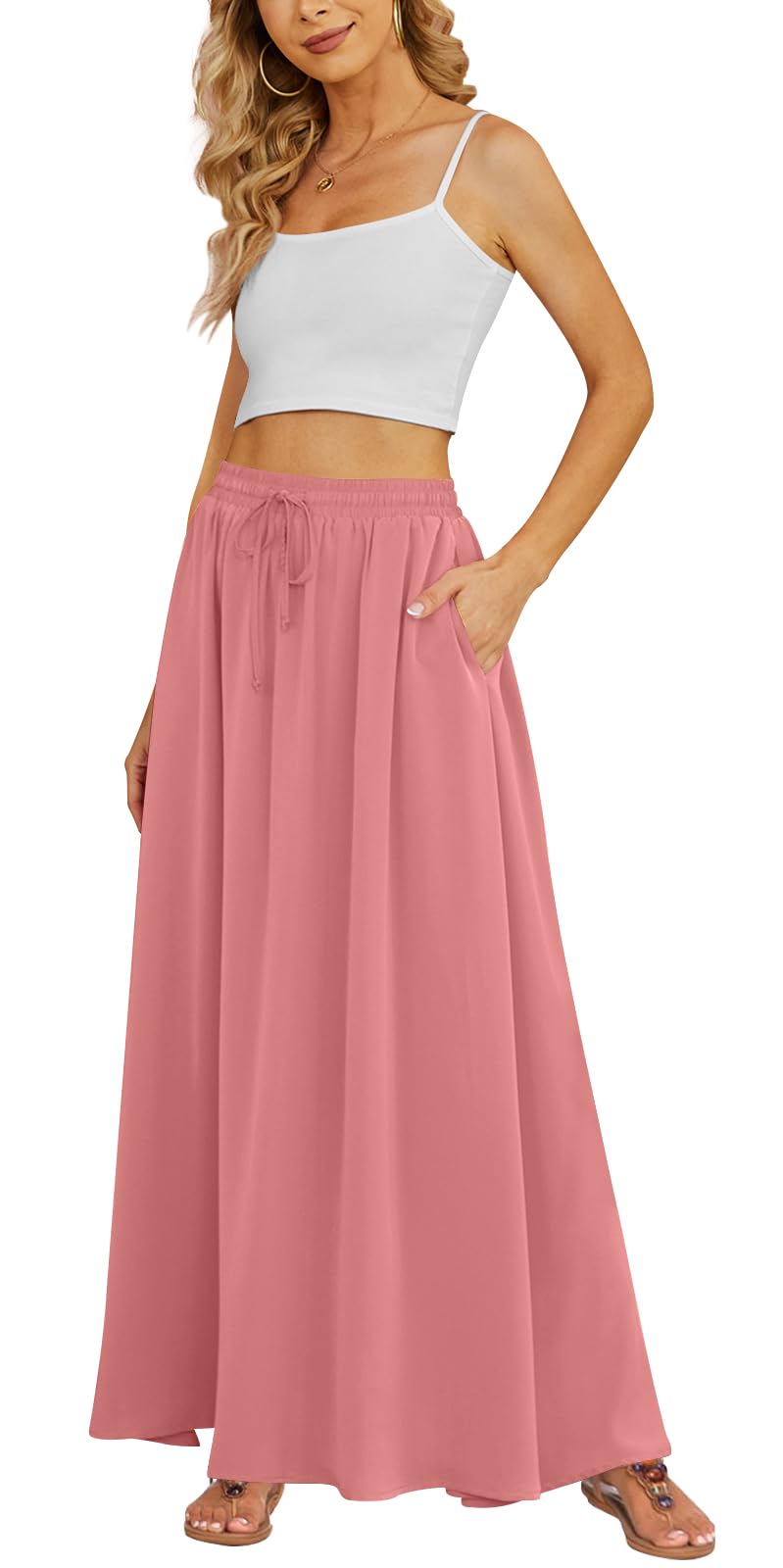 Yincro Women's Maxi Skirt Flowy High Waist Casual Long Skirts with Pockets