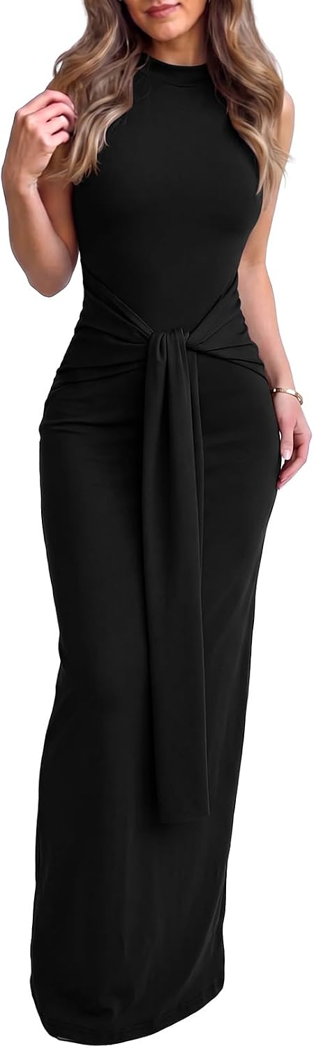Dokotoo Womens Sleeveless High Neck Tie Front Ribbed Bodycon Maxi Dresses