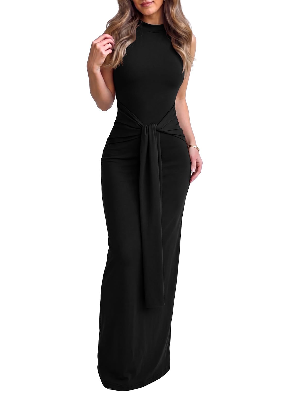 Dokotoo Womens Sleeveless High Neck Tie Front Ribbed Bodycon Maxi Dresses