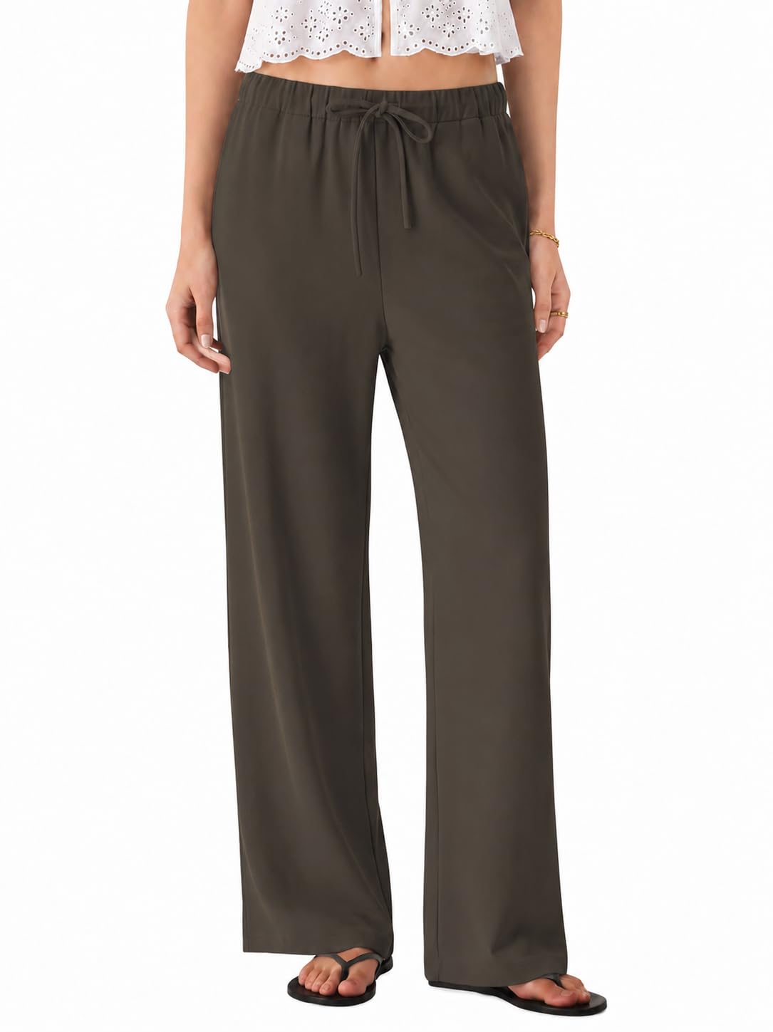 Micoson Womens Fall Wide Leg Crepe Pants Pull-On Work Trousers with Pockets