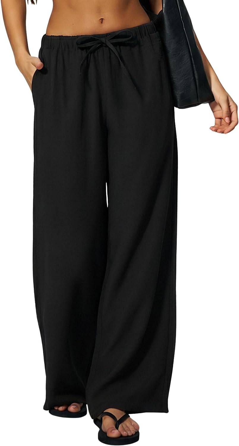 QINSEN Womens Wide Leg Palazzo Pants Wrinkle Resistant Flowy Drape Trousers