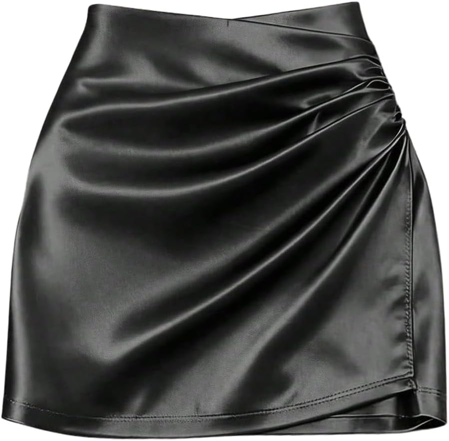 SHENHE Women' Satin Wrap Skirt Ruched Bodycon Dressy Silky Mini Skirt