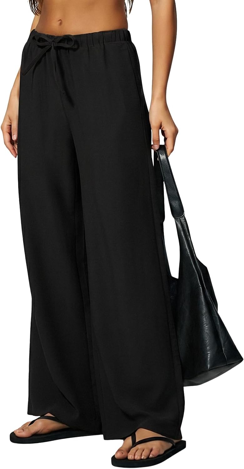 QINSEN Womens Wide Leg Palazzo Pants Wrinkle Resistant Flowy Drape Trousers