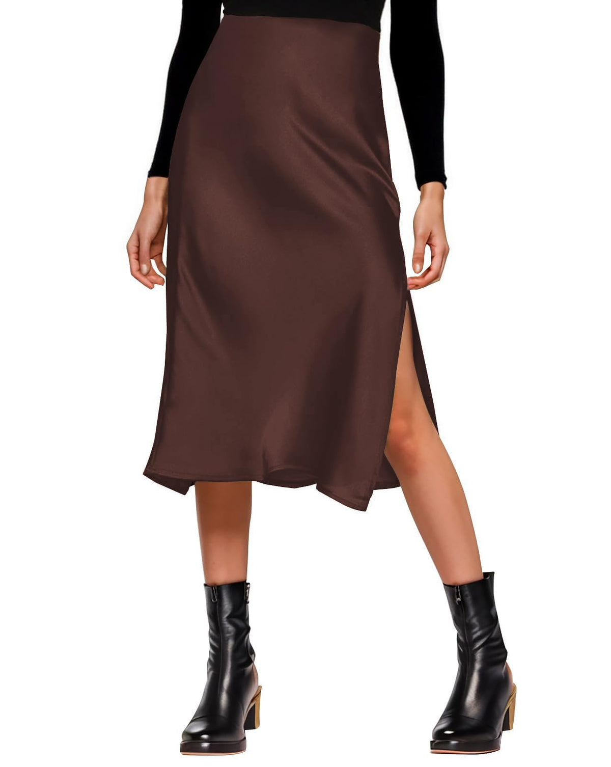 Amy Babe Womens Satin Silk High Waist Slit Midi Skirt Long Skirts for Women