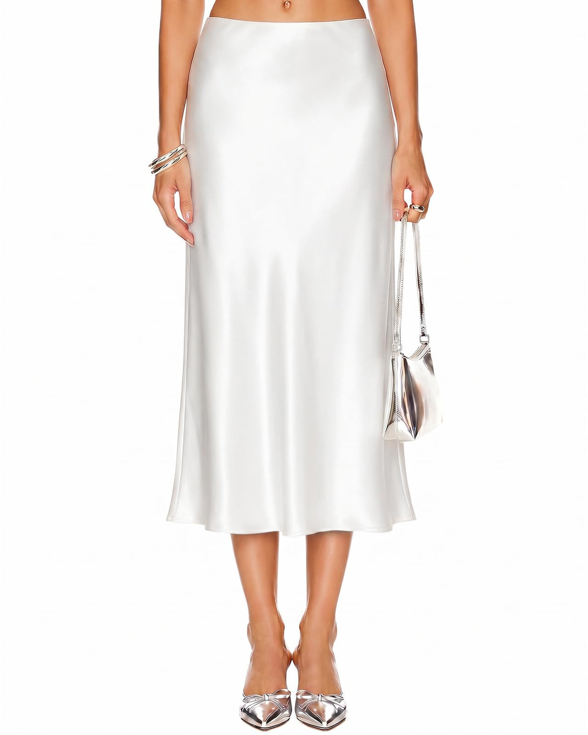 DooMoni Satin Skirts for Women White High Waisted Long Midi Silk Skirt