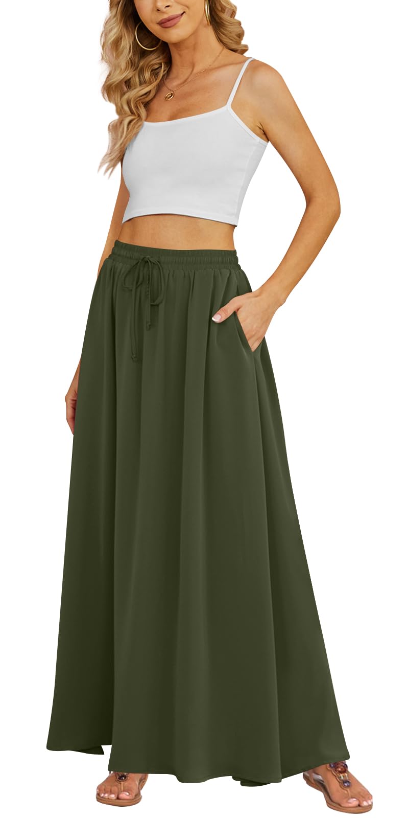 Yincro Women's Maxi Skirt Flowy High Waist Casual Long Skirts with Pockets