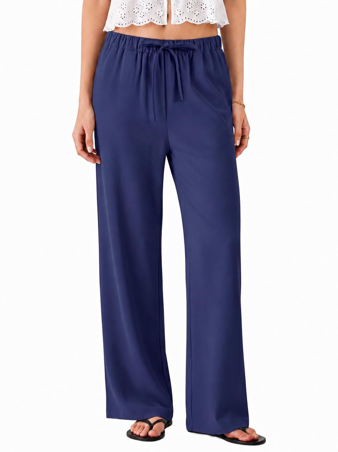 Micoson Womens Fall Wide Leg Crepe Pants Pull-On Work Trousers with Pockets