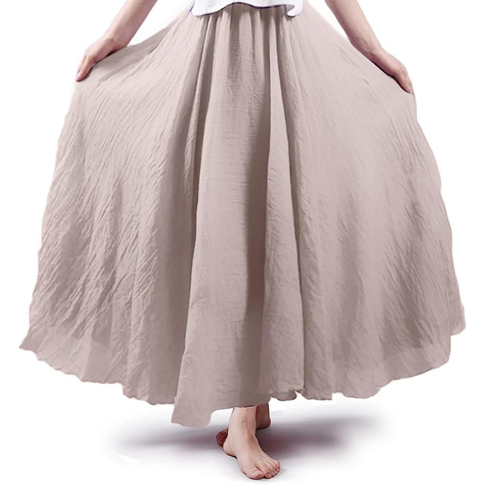 Women Bohemian Style Elastic Waist Band Cotton Linen Long Maxi Skirt Dress