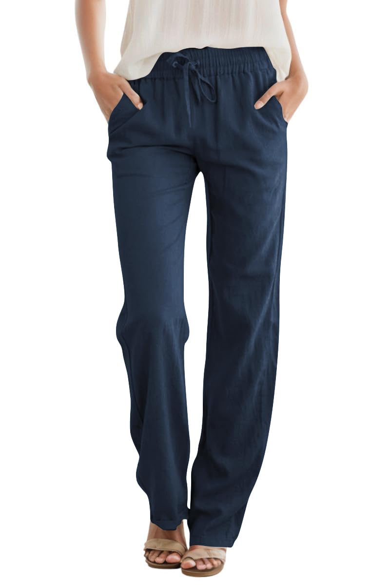 SEMARO Womens Casual Linen High Waist Pants Drawstring Loose Fit Summer Pants Trousers with Side Pockets