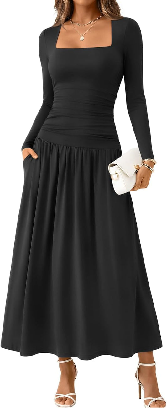 Trendy Queen Womens Fall Long Sleeve Wedding Guest Dresses with Pockets