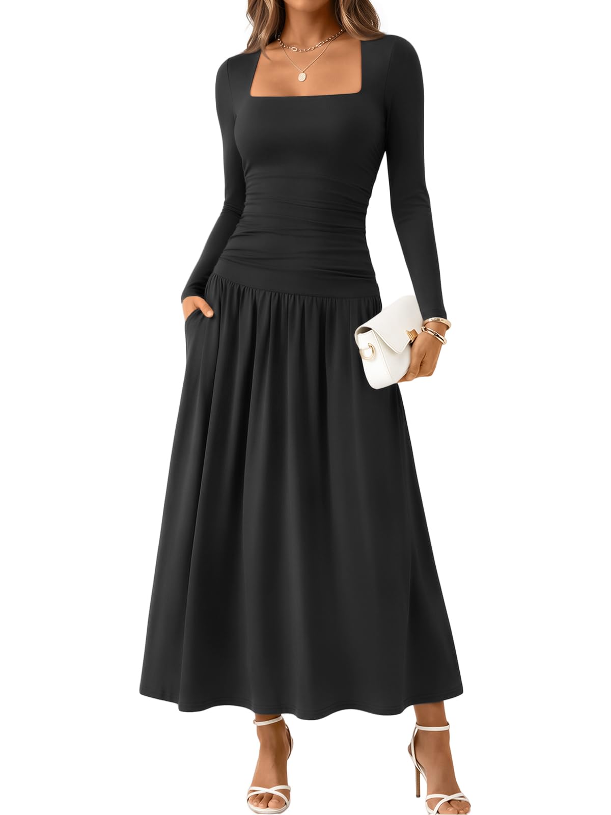 Trendy Queen Womens Fall Long Sleeve Wedding Guest Dresses with Pockets