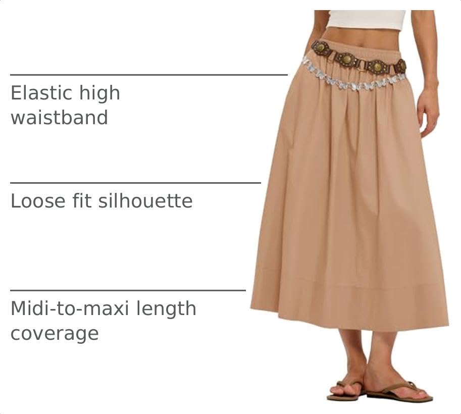 LOMON Midi Skirts for Women with Pockets A-Line Cotton Flowy Elastic Waist