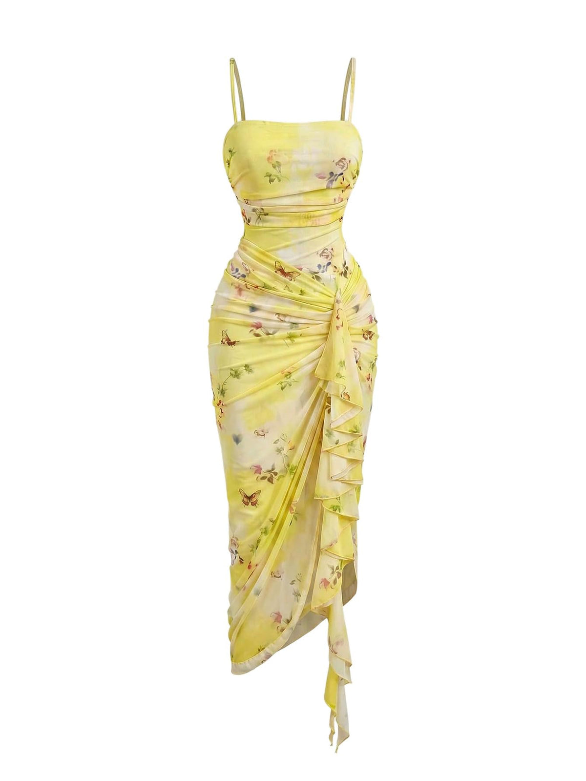 SOLY HUX Women's Floral Mesh Ruffle Hem Bodycon Midi Dress