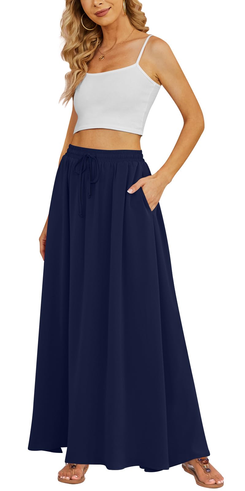 Yincro Women's Maxi Skirt Flowy High Waist Casual Long Skirts with Pockets