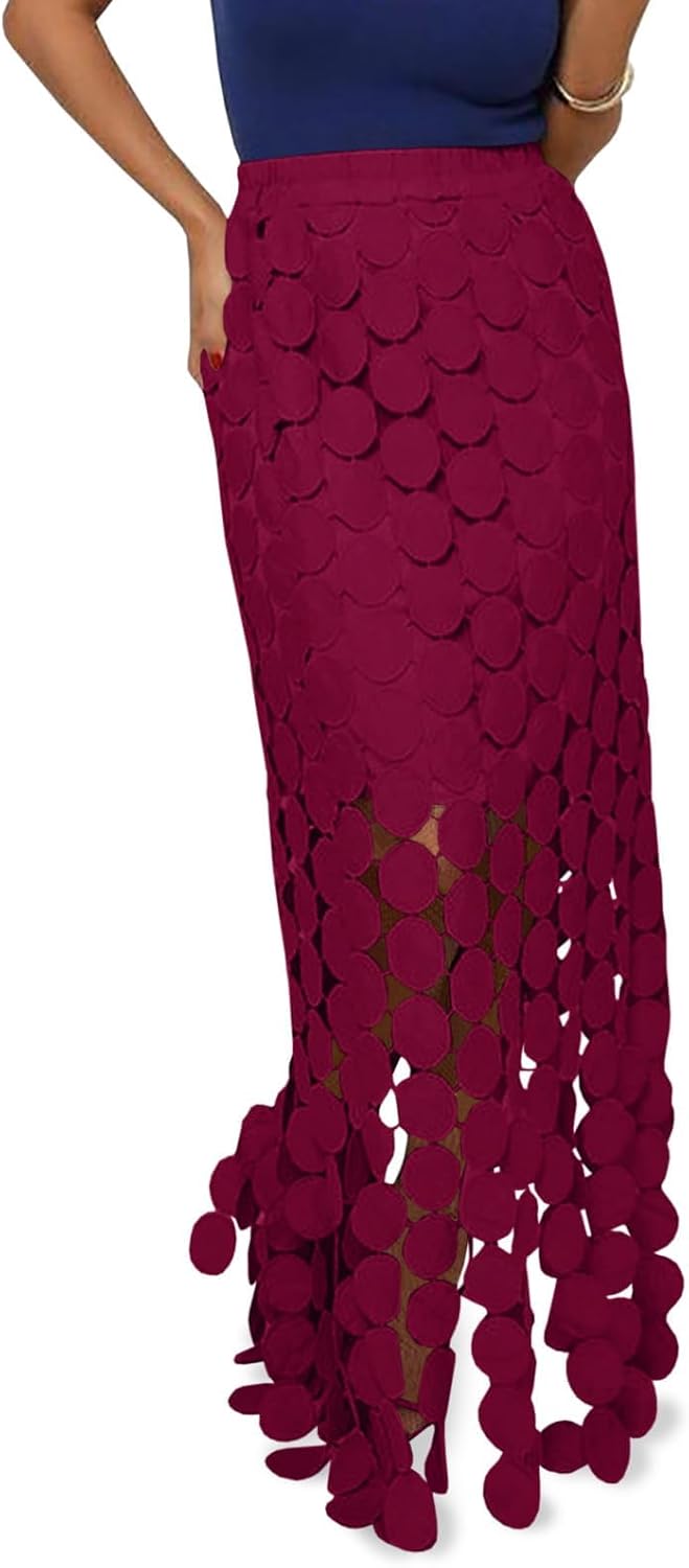 Cicy Bell Womens Hollow Out Maxi Skirts Summer Boho Fringe Hem Long Skirt
