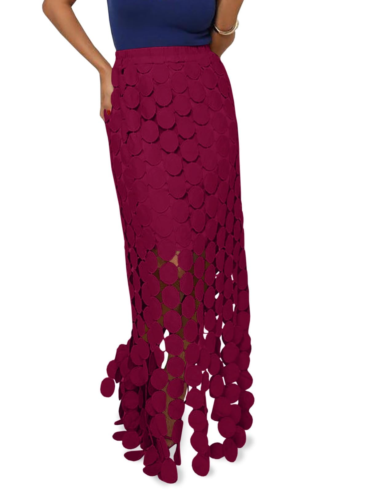 Cicy Bell Womens Hollow Out Maxi Skirts Summer Boho Fringe Hem Long Skirt