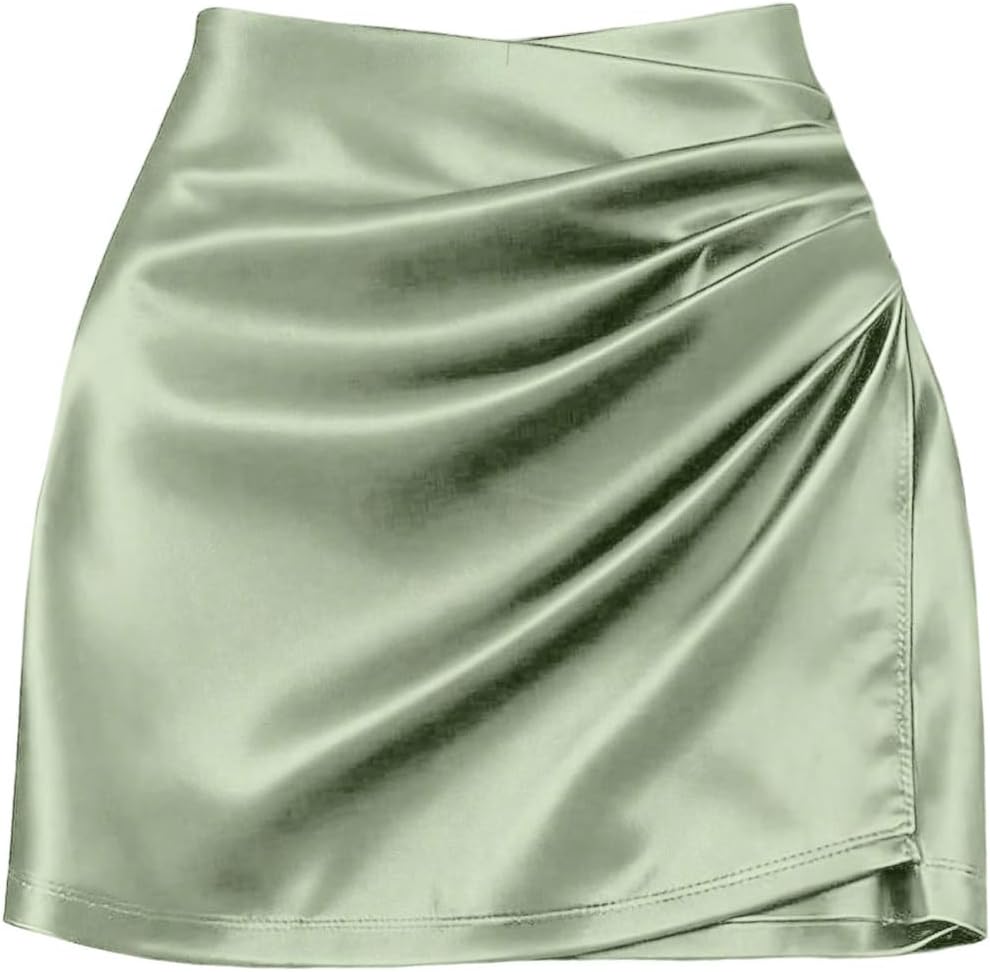 SHENHE Women' Satin Wrap Skirt Ruched Bodycon Dressy Silky Mini Skirt