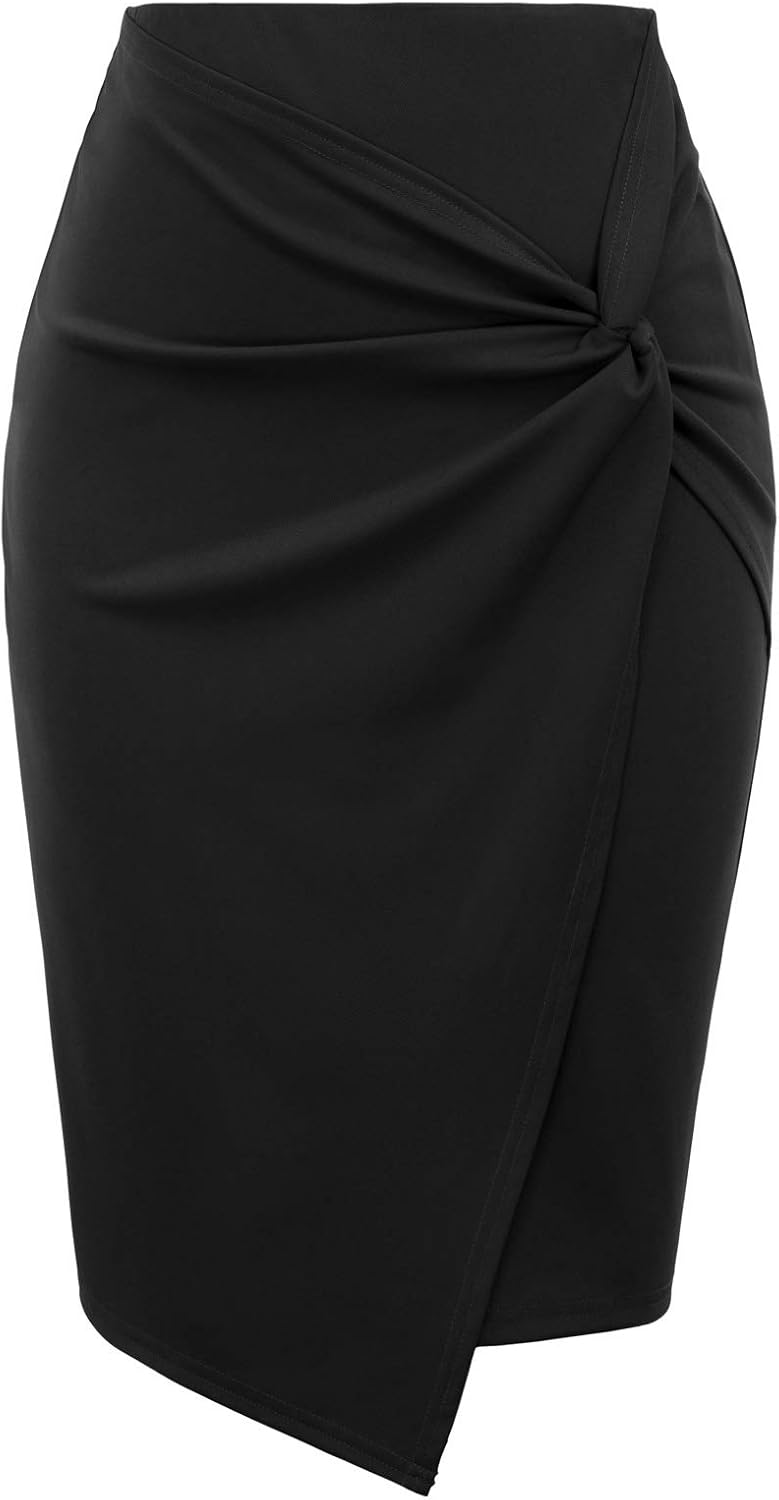 Kate Kasin Women Stretch Knee Length Pencil Skirt, Wrap High Waist Skirts