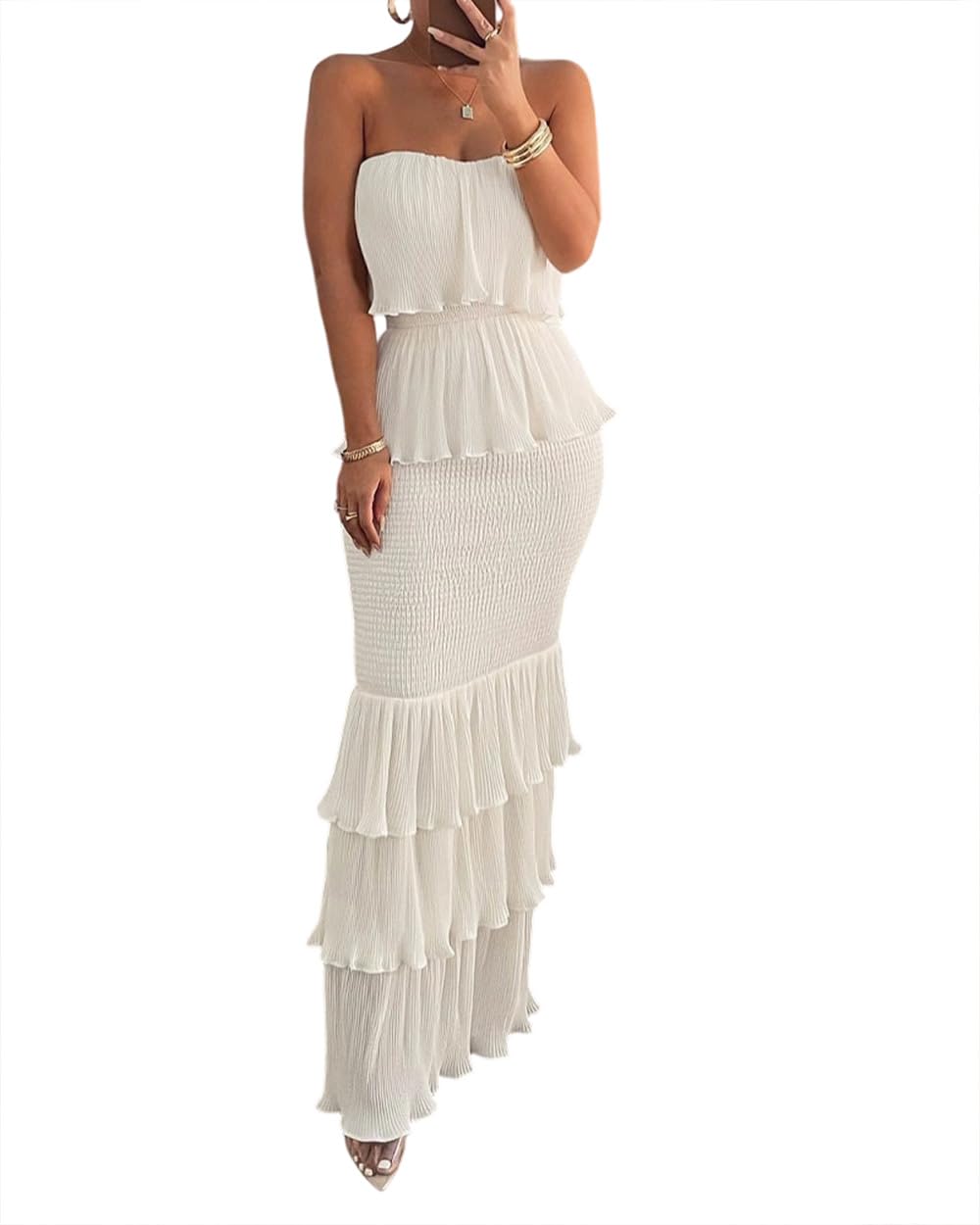 CHICME Womens Strapless Maxi Dress Shirred Tiered Ruffle Bodycon Dress