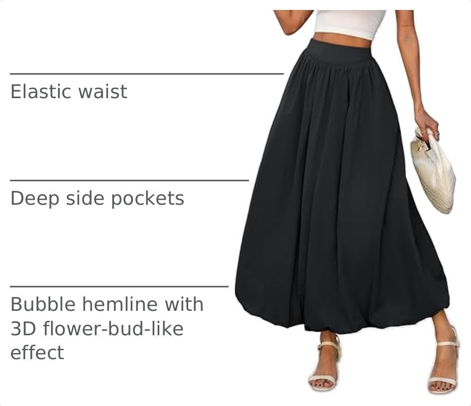 ELLEVEN Women's Bubble Maxi Skirt, Elastic Waist Puffy Hem A-Line Skirts