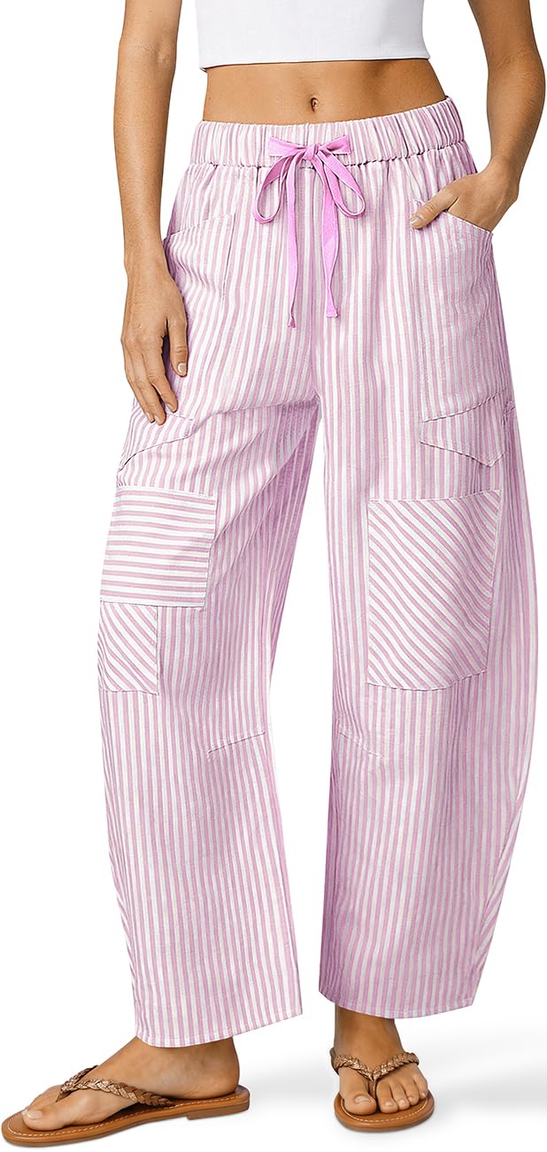 TARSE Womens Striped Linen Barrel Pants with Pockets Y2k Patchwork