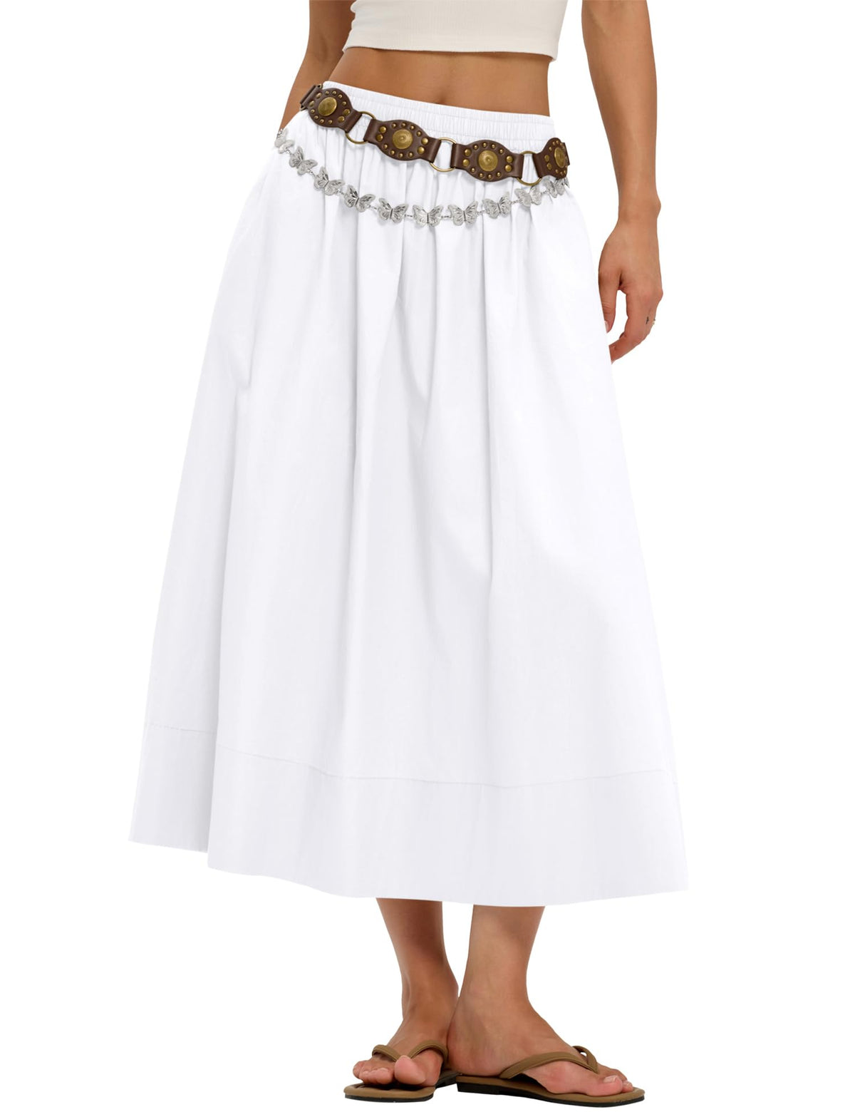 LOMON Midi Skirts for Women with Pockets A-Line Cotton Flowy Elastic Waist