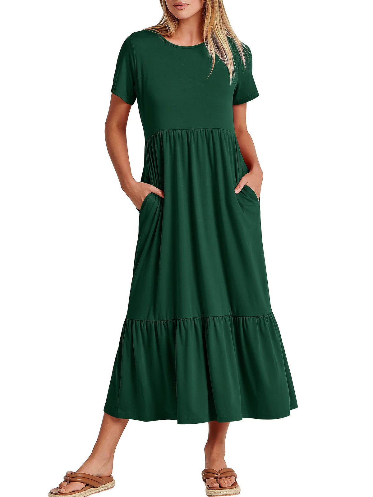 ANRABESS Womens 2026 Summer Casual Maxi Dress A line Tiered Flowy Short Sleeve Crewneck T Shirt Beach Travel Long Dresses