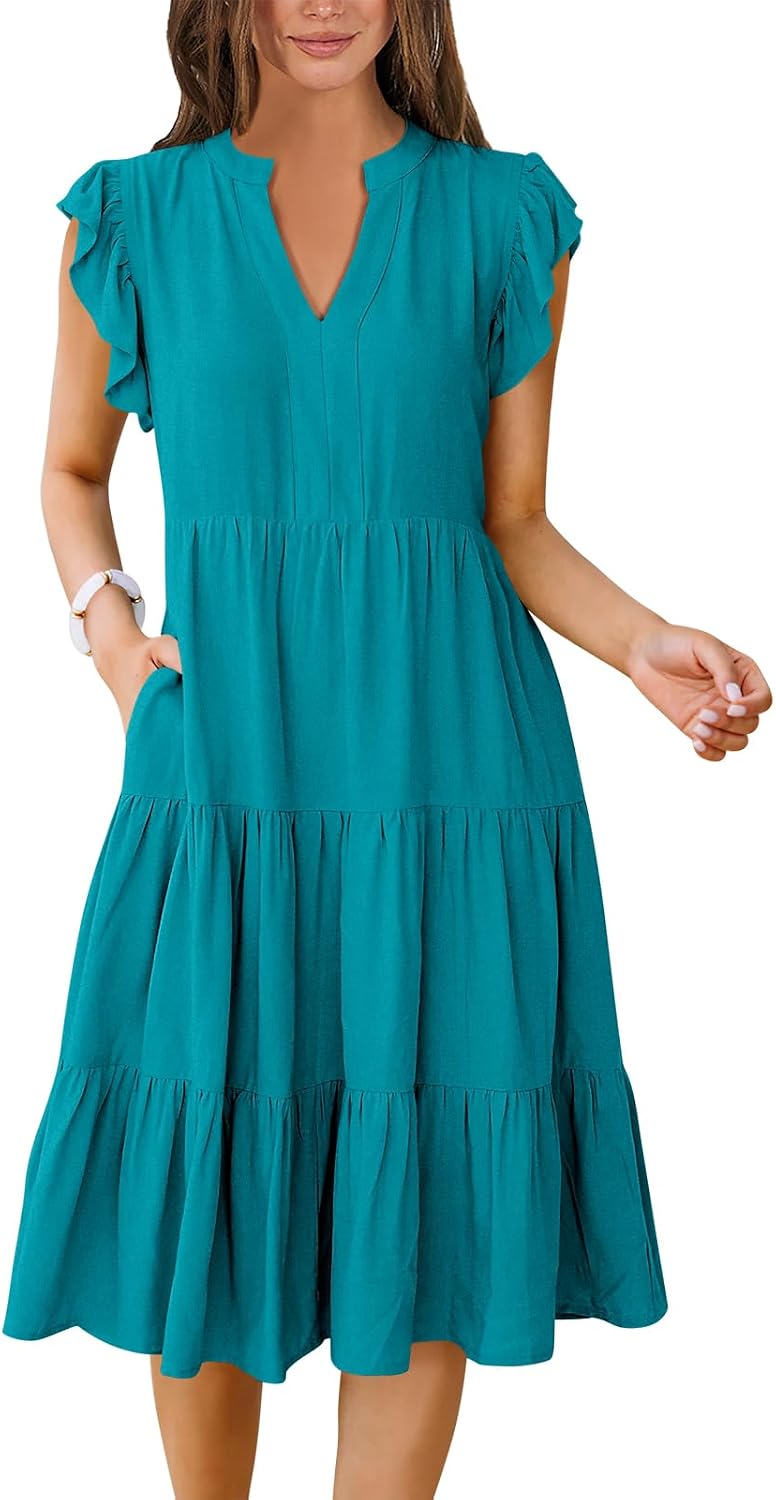 ANRABESS Womens Summer Dress Ruffle Sleeve V Neck Midi Dresses