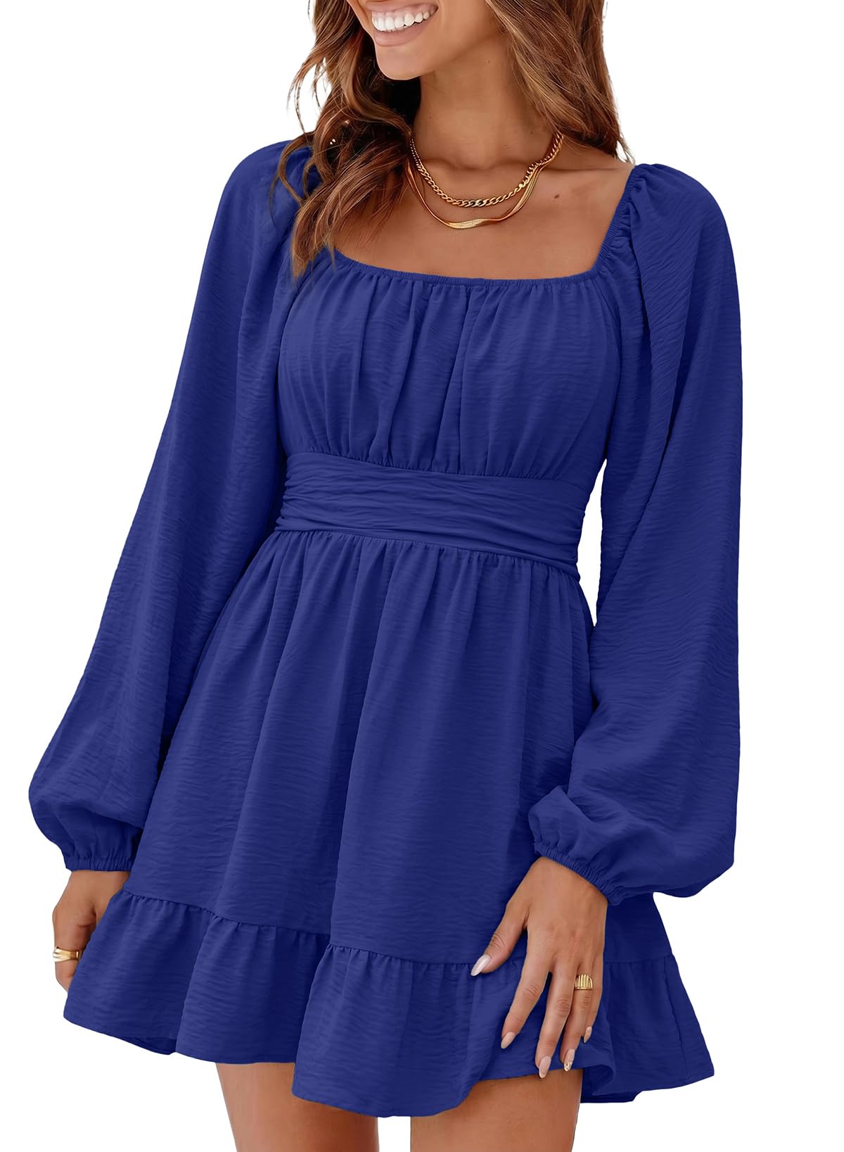 Dokotoo Womens Dress Lantern Sleeve Elastic Waist Tie Backless Mini Dress