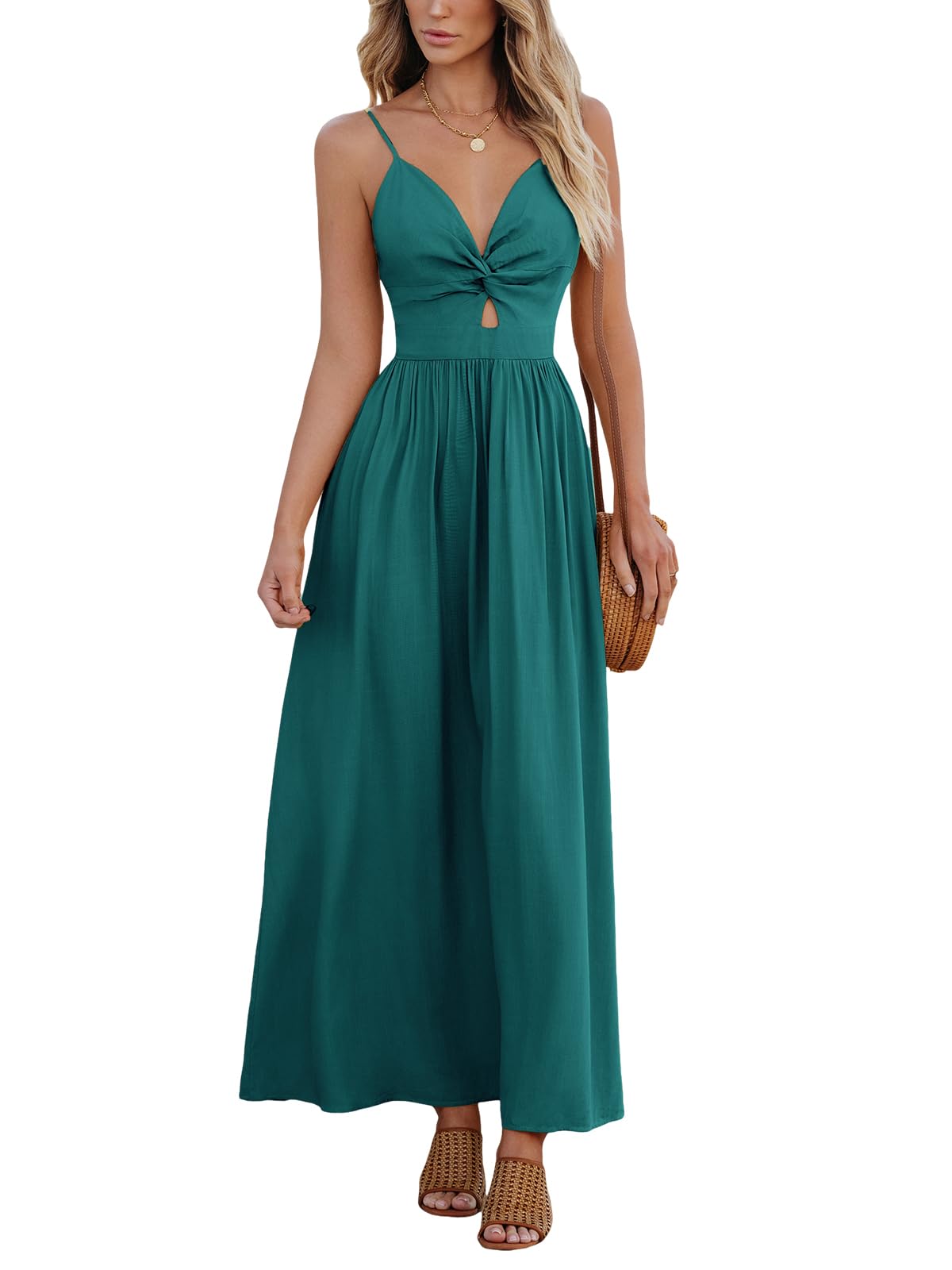 CUPSHE Women's V Neck Twisted Pleated Cutout Backless Formal Maxi Dress