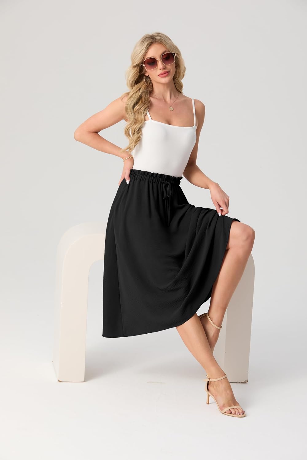 FREEOAK High Waist Skirts for Women Below Knee Casual Flowy Summer Midi Skirts Palazzo A-Line Long Skirt with Pockets