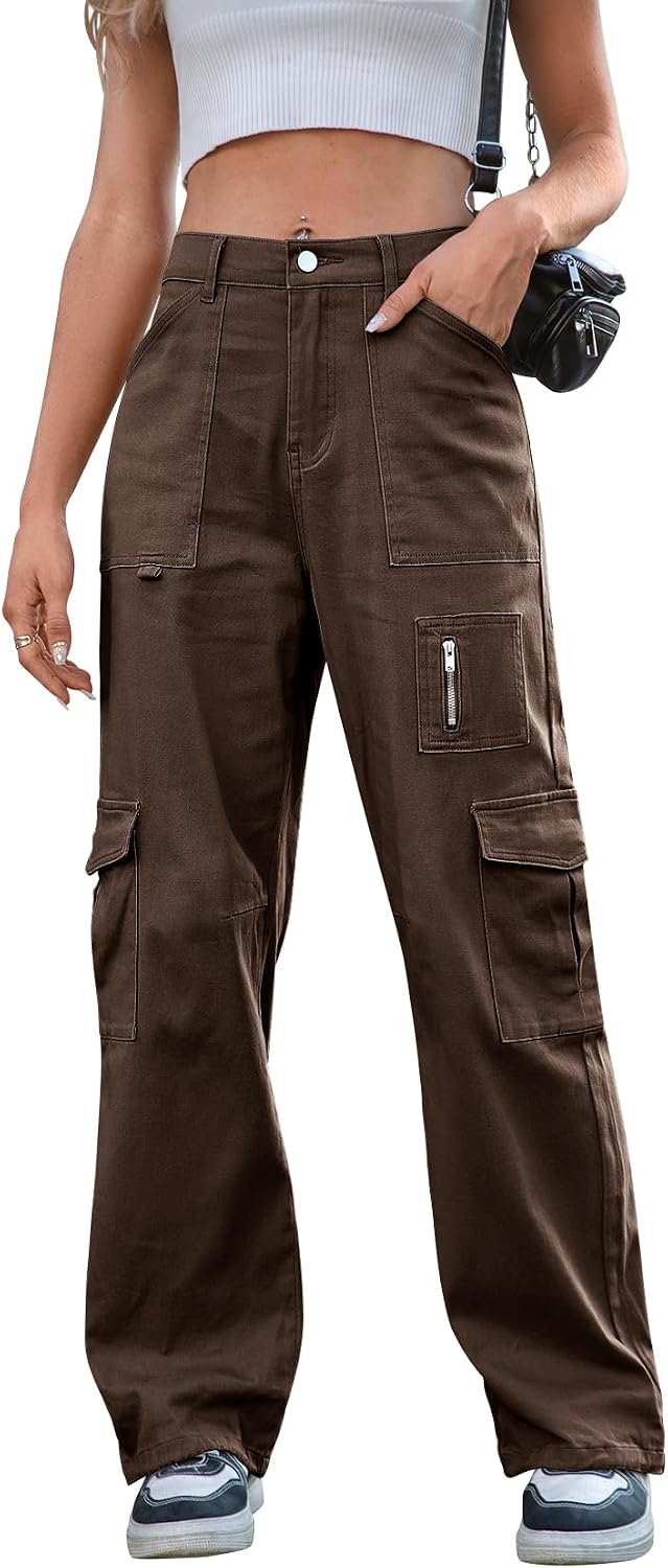 IVIR Cargo Pants Women High Waist Wide Leg Casual Pants with 7 Pockets Stretchy Drawstring Baggy Y2K Trousers