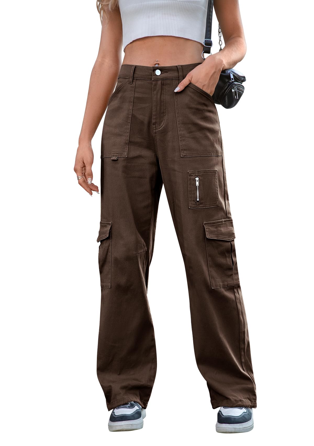 IVIR Cargo Pants Women High Waist Wide Leg Casual Pants with 7 Pockets Stretchy Drawstring Baggy Y2K Trousers