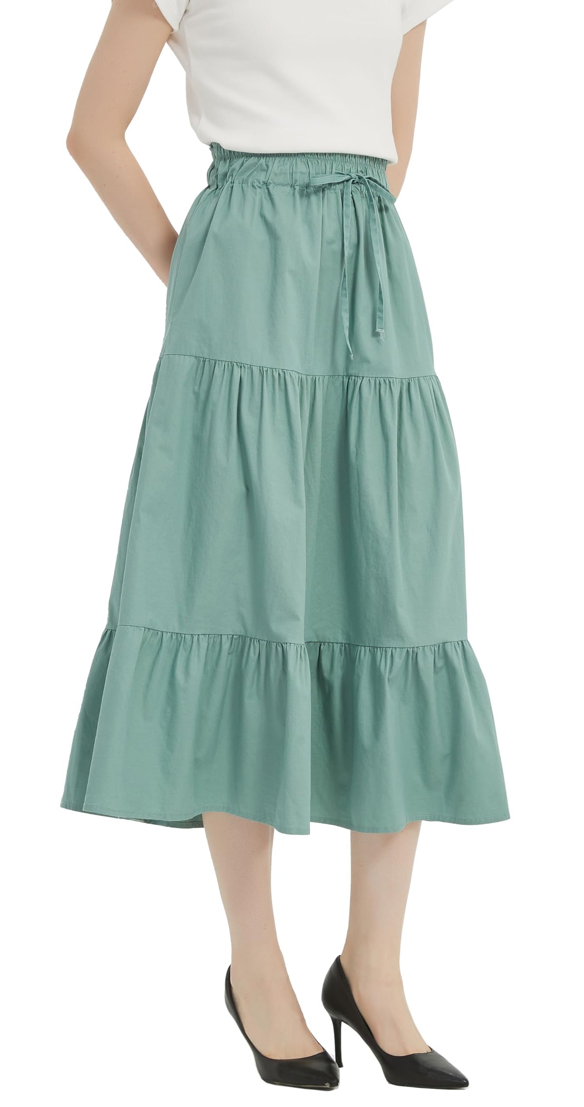 Tronjori Womens A Line Long Midi Denim Skirt Tired Layers with Drawstring