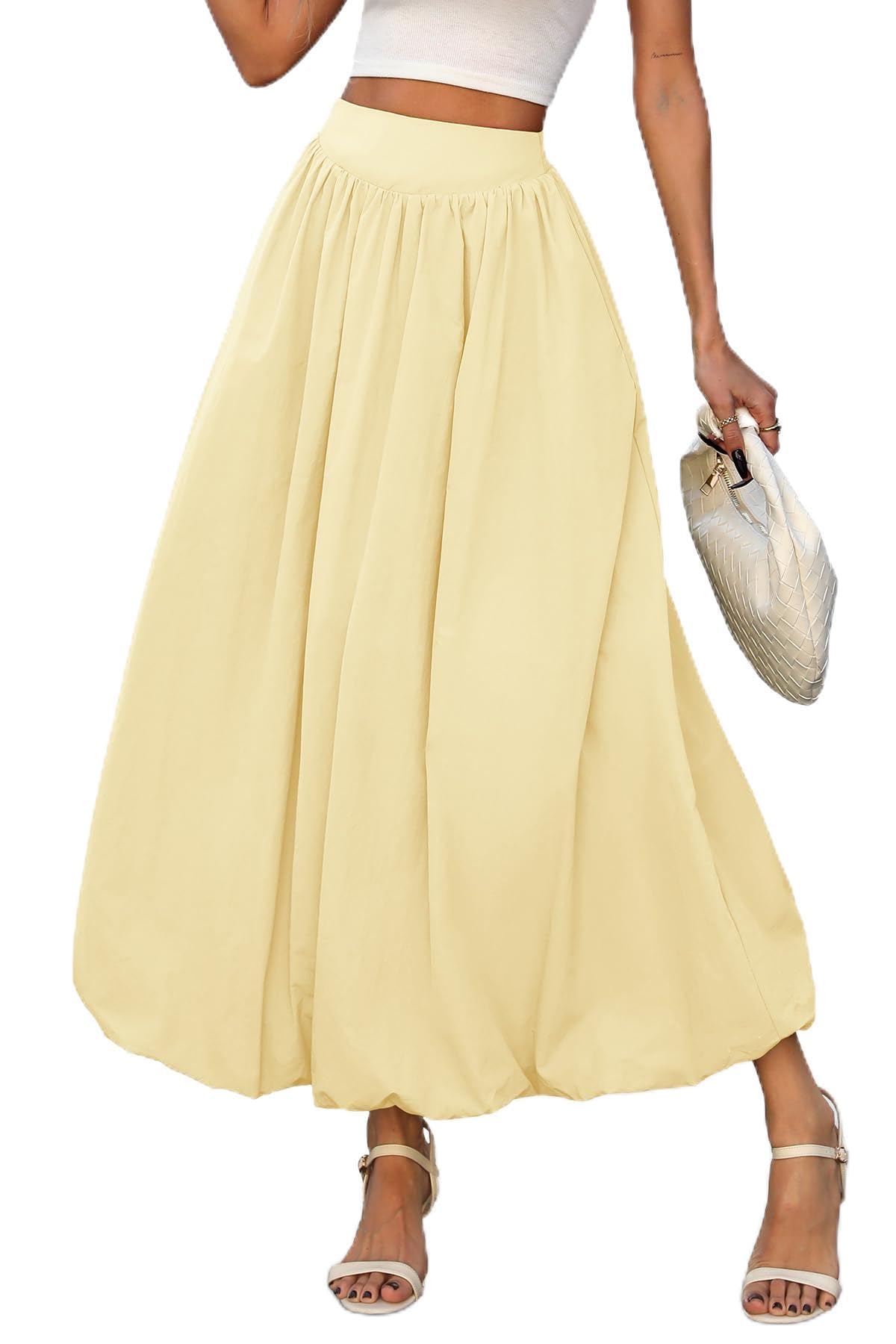 ELLEVEN Women's Bubble Maxi Skirt, Elastic Waist Puffy Hem A-Line Skirts