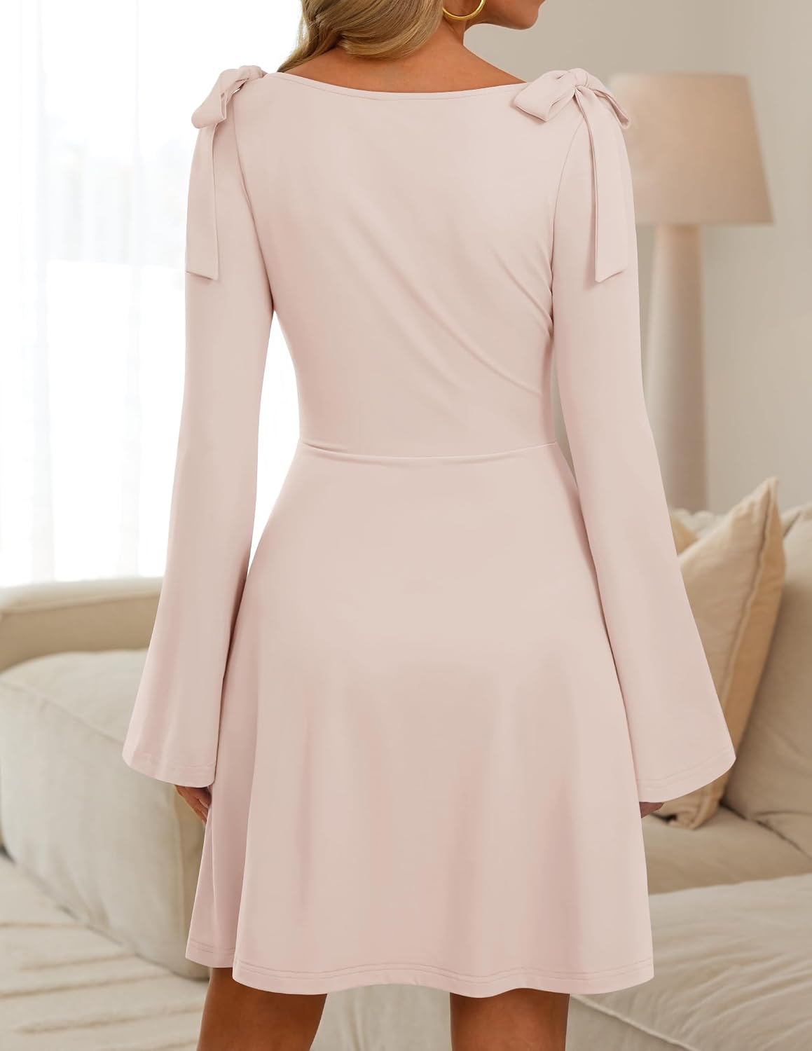 ZESICA Womens Fall Long Sleeve Tie Shoulder Ruched Bodycon Mini Dresses