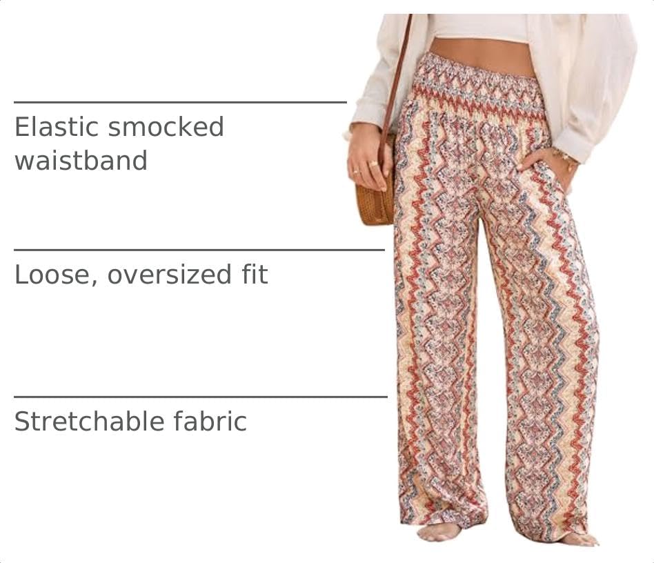 Dokotoo Women's Summer Boho Floral Bagyy Pants Wide Leg High Smocked Waist Casual Loose Palazzo Pants with Pocket