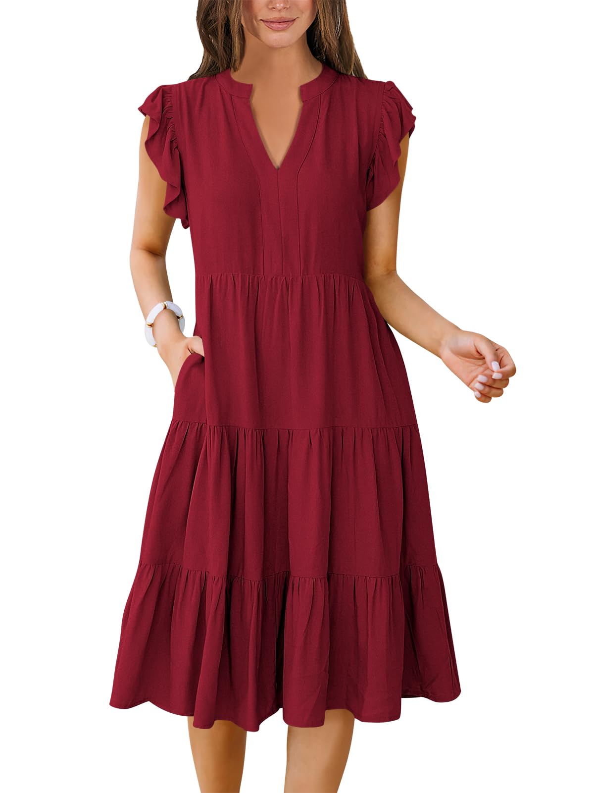 ANRABESS Womens Summer Dress Ruffle Sleeve V Neck Midi Dresses