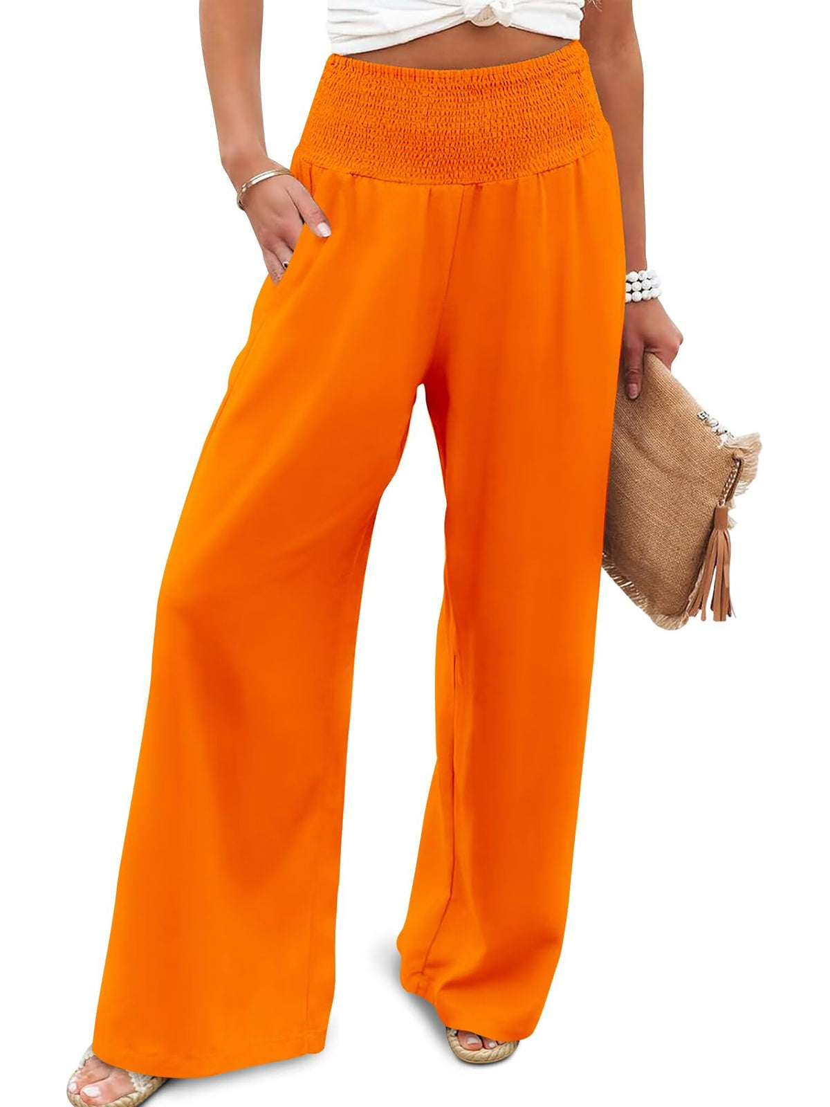 JZC Womens Wide Leg Pants Elastic High Waisted Palazzo Pants Summer Flowy Casual Trousers Beach Travel Vacation Outfits
