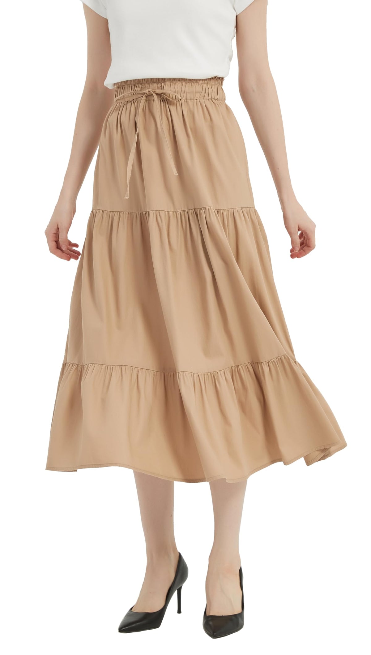 Tronjori Womens A Line Long Midi Denim Skirt Tired Layers with Drawstring