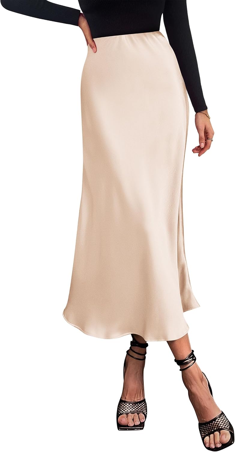 PRETTYGARDEN Women's Satin Midi Skirts Dressy Casual