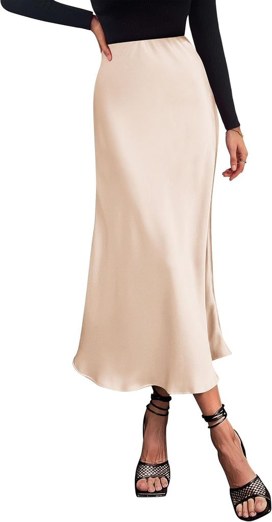 PRETTYGARDEN Women's Satin Midi Skirts Dressy Casual