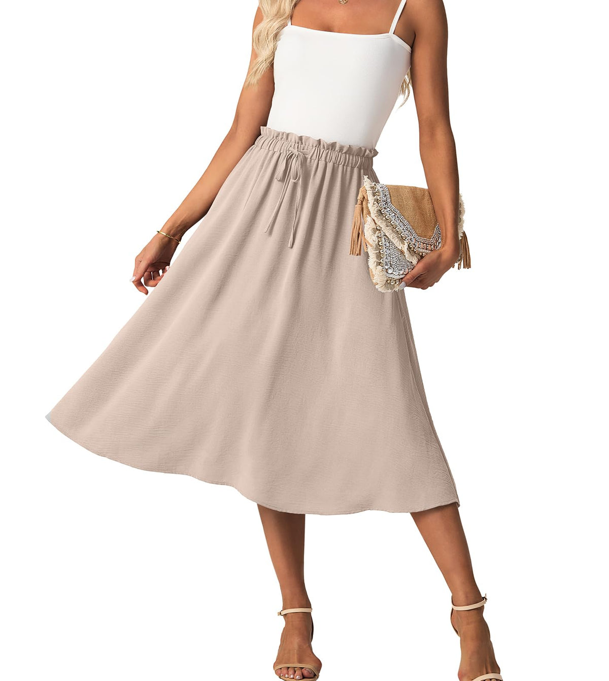 FREEOAK High Waist Skirts for Women Below Knee Casual Flowy Summer Midi Skirts Palazzo A-Line Long Skirt with Pockets