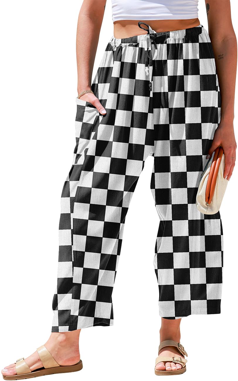 TARSE Womens Linen Palazzo Pants Wide Leg Casual Loose Drawstring Pants
