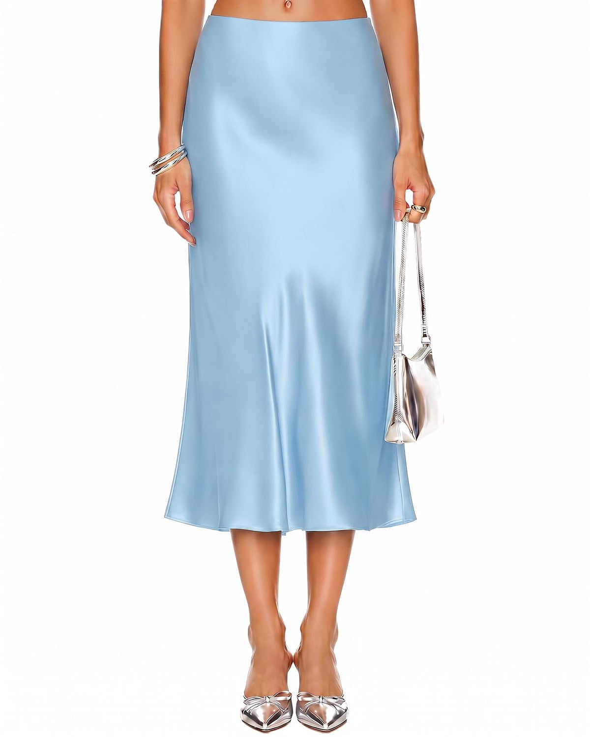 DooMoni Satin Skirts for Women White High Waisted Long Midi Silk Skirt