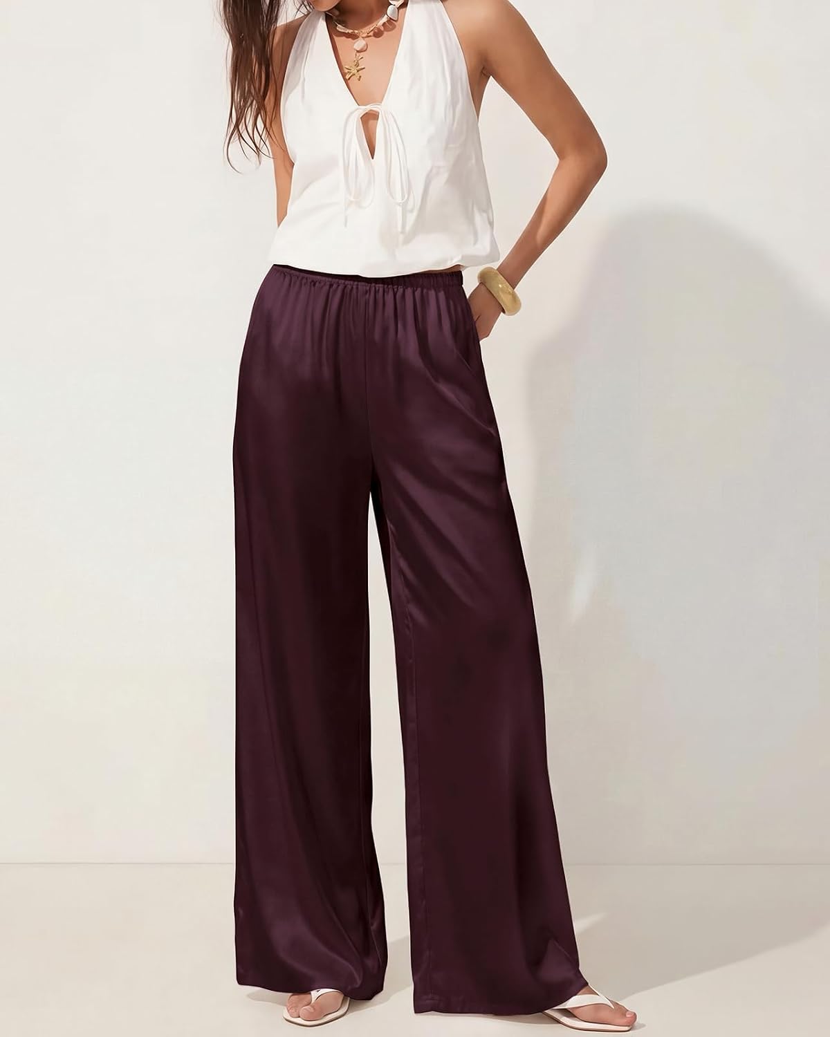 Satin Wide Leg Dress Pants Silk Flowy Long Trousers for Women