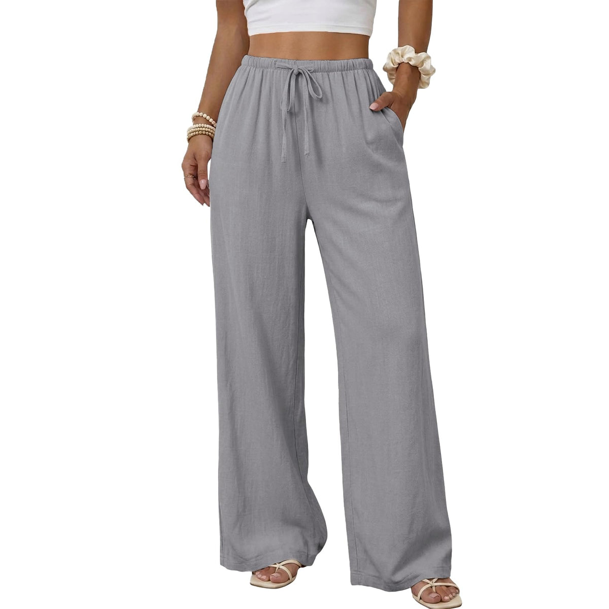 Duyang Womens Cotton Linen Palazzo Pants Drawstring Elastic Waist Casual Wide Leg Trousers with Pockets