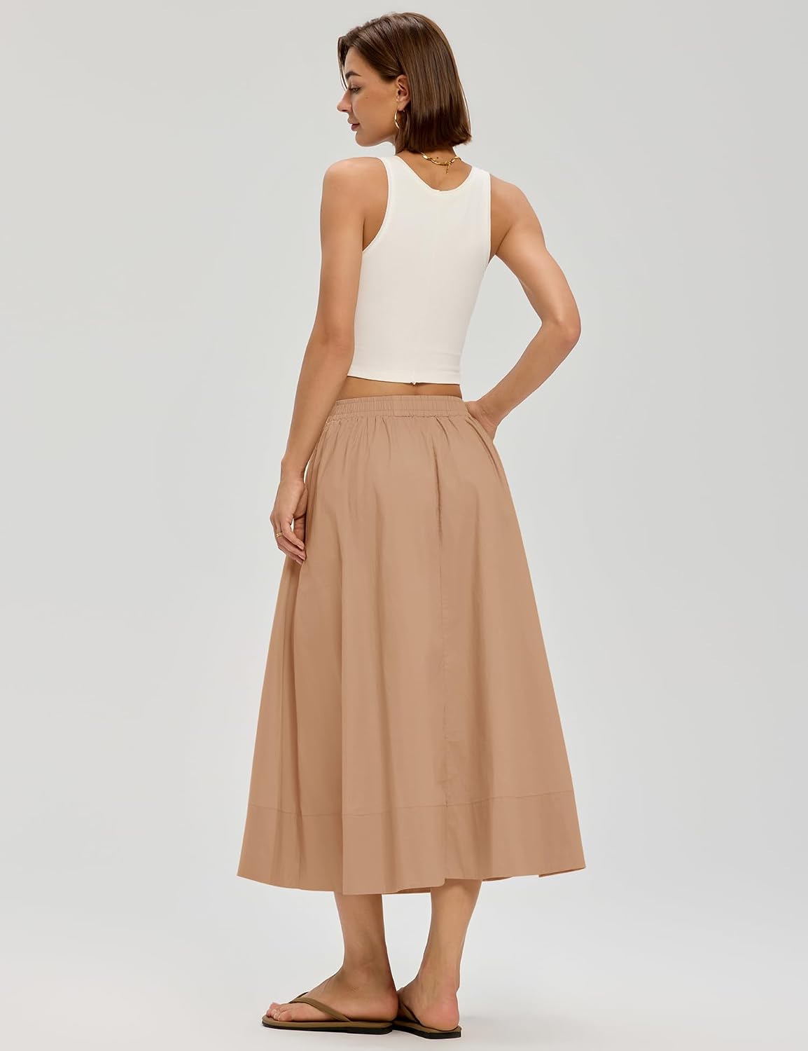 LOMON Midi Skirts for Women with Pockets A-Line Cotton Flowy Elastic Waist