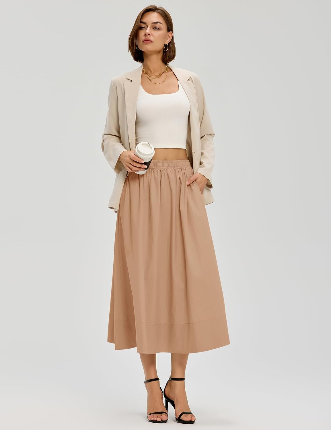 LOMON Midi Skirts for Women with Pockets A-Line Cotton Flowy Elastic Waist